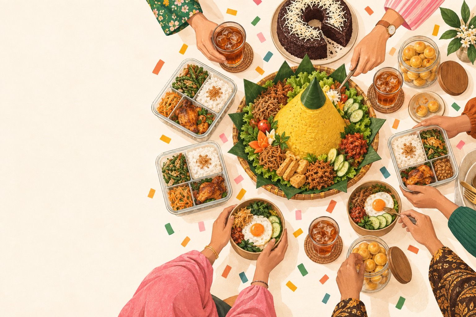 Ilustrasi tangan-tangan tim kantor mengambil tumpeng, rice bowl, lunch box, dan kue faiha.id dari satu meja