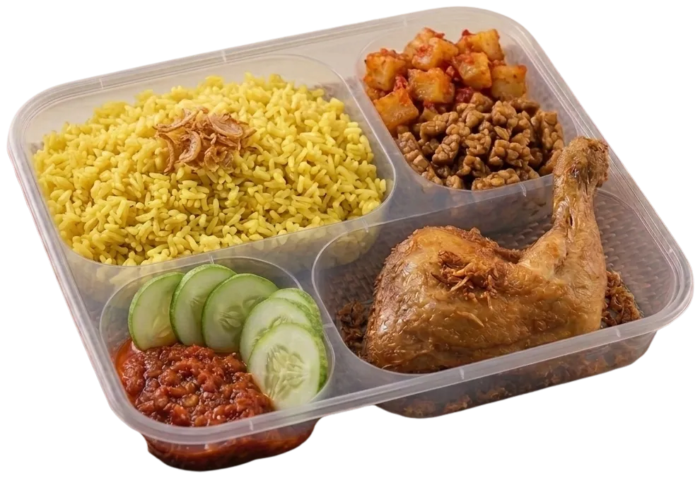 Lunch box Nasi Kuning Ayam Serundeng dengan ayam goreng serundeng, kentang balado dan tempe orek, catering kantor faiha.id