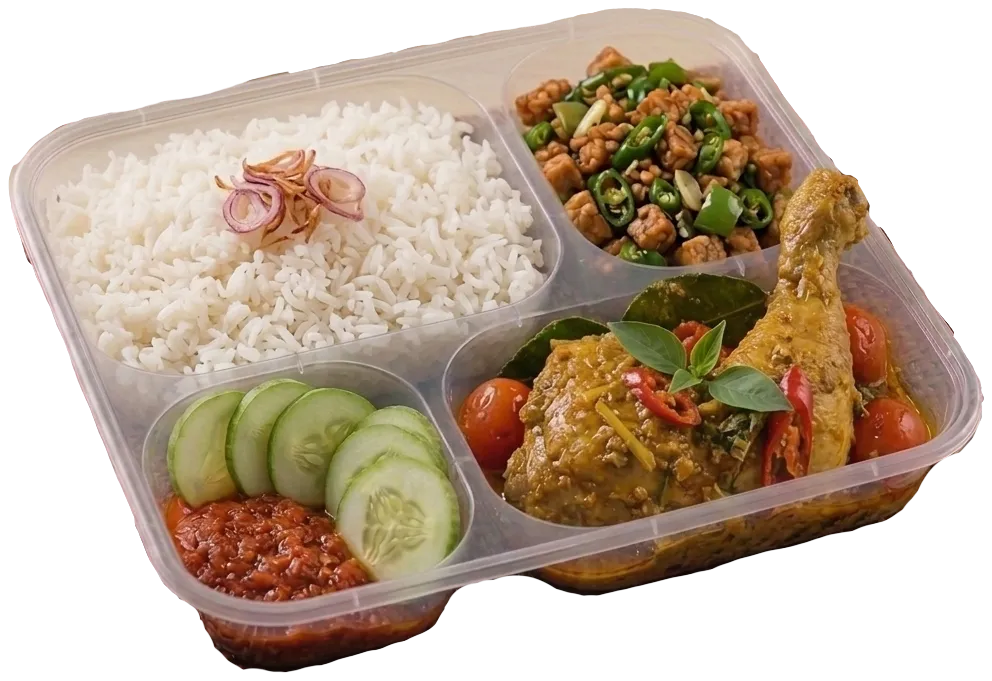 Lunch box Ayam Woku / Rica-rica dengan tumis tempe cabe ijo, lalapan timun dan sambal, catering kantor faiha.id