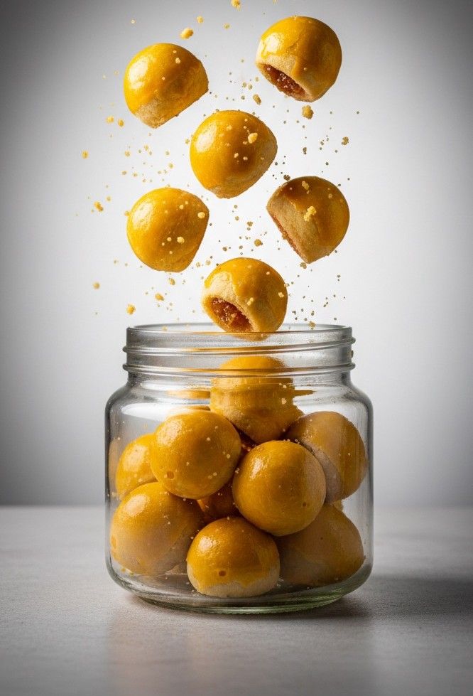 Nastar berjatuhan ke dalam toples kaca, satu terbelah memperlihatkan isian selai nanas, kue faiha.id untuk acara kantor