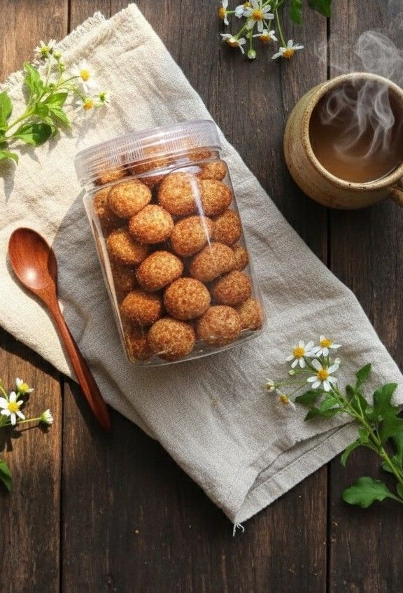 Toples Palm Sugar Cookies di atas kain linen dengan secangkir kopi hangat, kue faiha.id untuk snack time di kantor