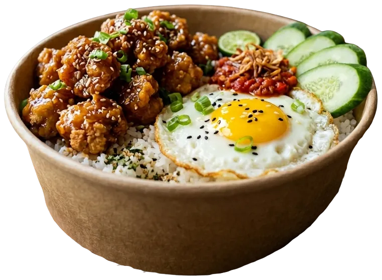 Rice bowl Chicken Pok Korean Honey Butter dengan telur mata sapi dan timun, catering kantor faiha.id