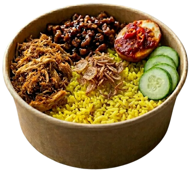 Rice bowl Nasi Kuning Ayam Suwir Serundeng dengan telur balado ½, tempe orek kecap dan lalapan timun, catering kantor faiha.id