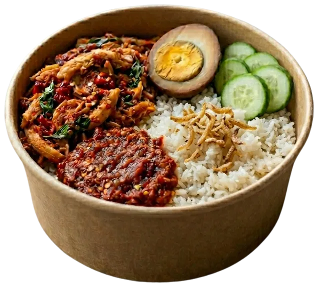 Rice bowl Nasi Liwet Ayam Suwir Kemangi dengan telur bacem ½, lalapan timun dan sambal, catering kantor faiha.id
