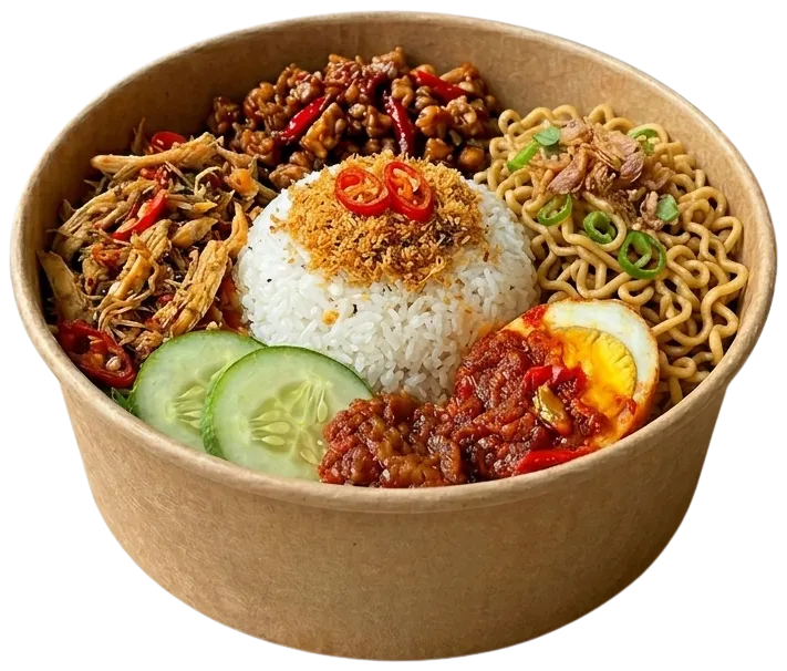 Rice bowl Nasi Ulam Ayam Suwir Bumbu Kuning dengan tempe orek, mie goreng dan telur balado ½, catering kantor faiha.id