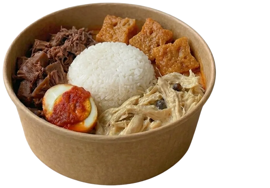 Rice bowl Ayam Suwir Opor Gudeg Krecek dengan telur balado ½, catering kantor faiha.id