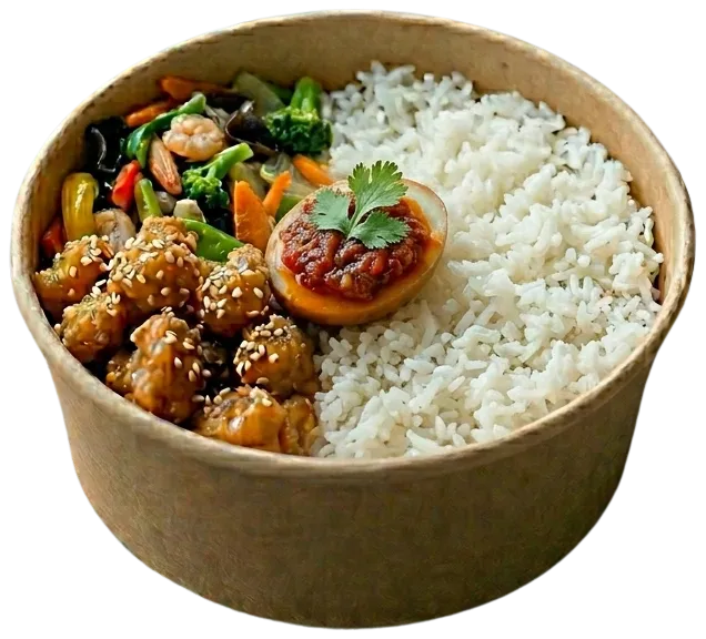Rice bowl Ayam Pok Goreng Mentega Capcay Udang dengan telur balado ½, catering kantor faiha.id