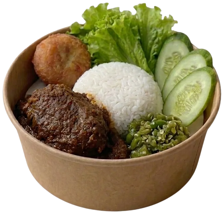 Rice bowl Rendang Sapi Perkedel dengan nasi putih, lalapan, dan sambal hijau, catering kantor faiha.id