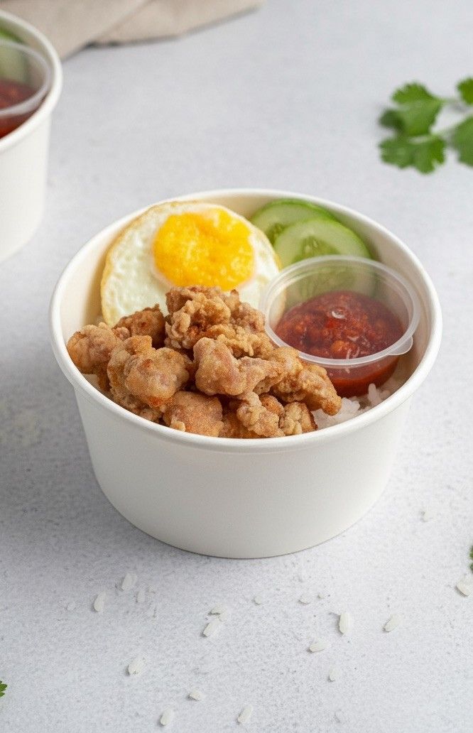 Rice bowl ayam crispy dengan telur dan sambal, catering kantor faiha.id untuk rapat pagi