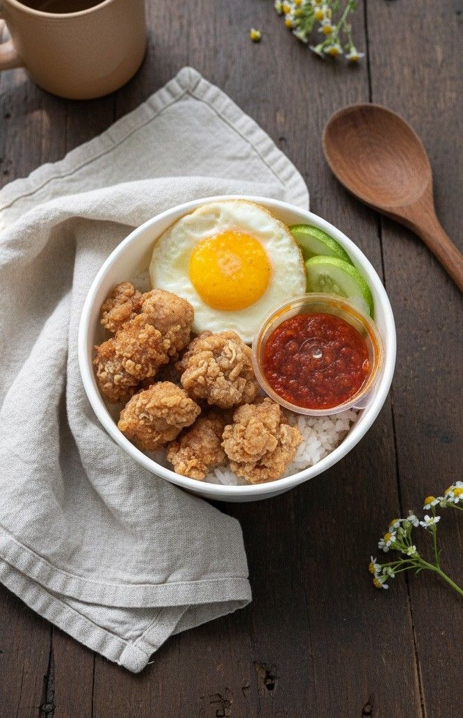 Rice bowl ayam crispy tampak atas di meja kayu dengan mug kopi, catering kantor faiha.id untuk rapat pagi