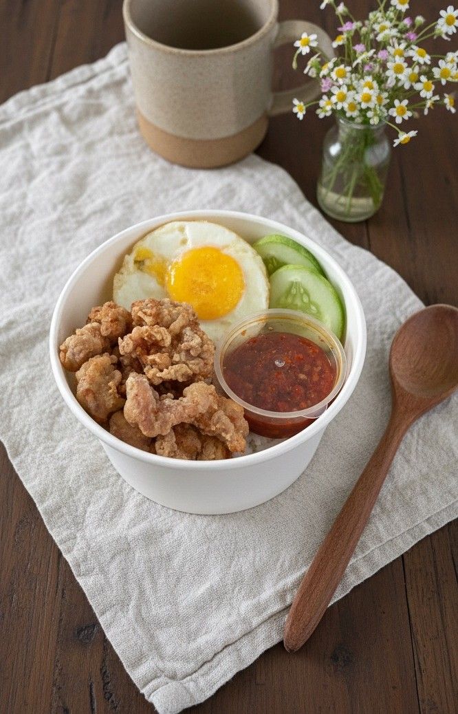 Rice bowl ayam crispy dengan telur mata sapi, timun, dan sambal di meja kayu, catering kantor faiha.id