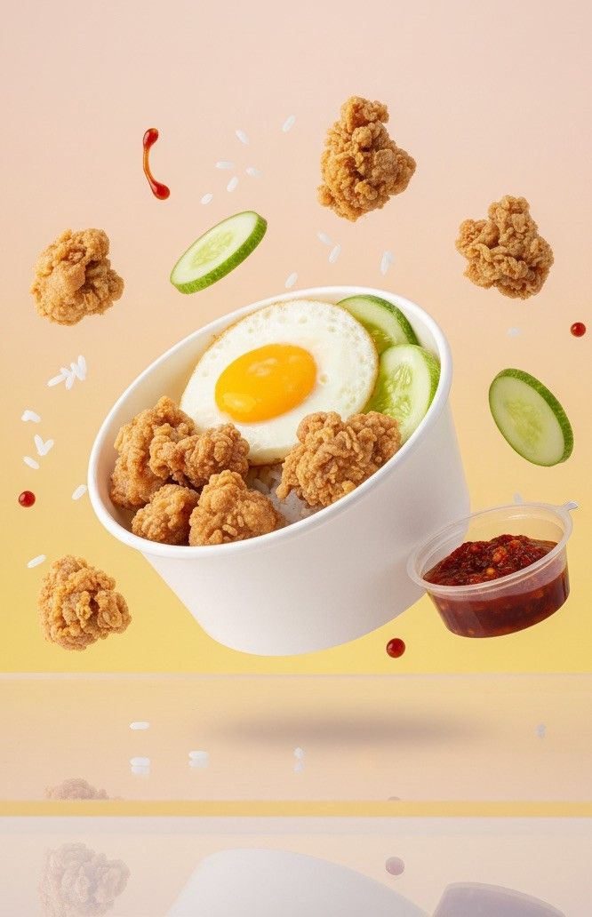 Rice bowl ayam crispy dengan telur mata sapi, timun, dan sambal, catering kantor faiha.id untuk acara kantor