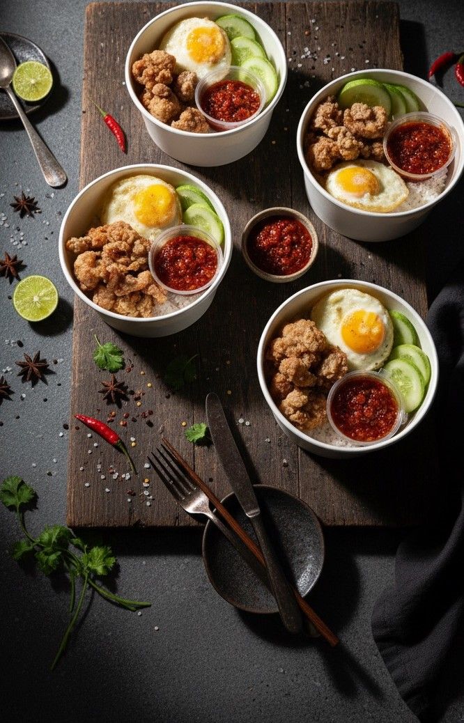 Empat rice bowl ayam crispy dengan telur mata sapi, timun, dan sambal untuk satu tim, catering kantor faiha.id