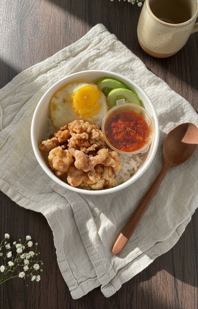 Rice bowl ayam crispy dengan telur mata sapi, timun, dan sambal di atas kain linen, catering kantor faiha.id untuk rapat pagi